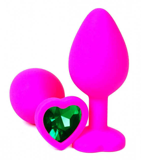 Розовая силиконовая пробка с зеленым кристаллом-сердцем - 8 см.