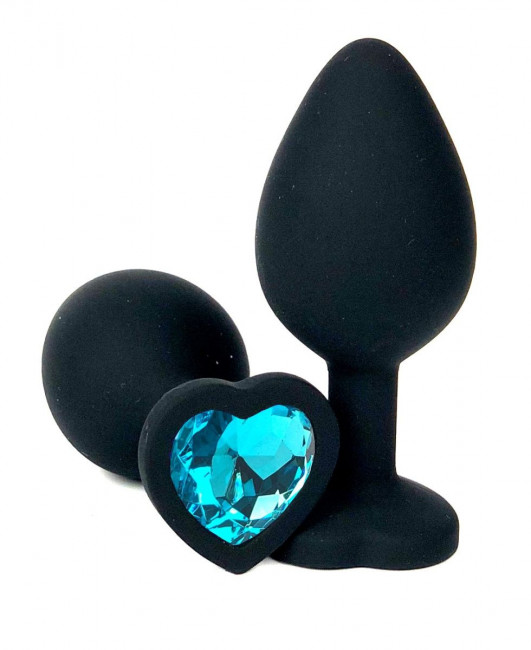 Черная силиконовая пробка с голубым кристаллом-сердцем - 8 см.